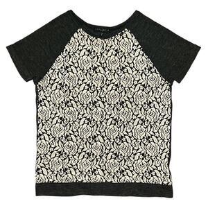 Sanctuary Semi-Sheer Lace Front Rose Design Gray & Cream Top Medium